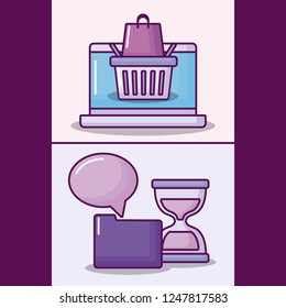 set laptop computer with electronic business icons