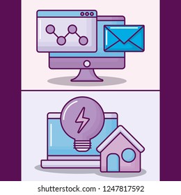 set laptop computer with electronic business icons