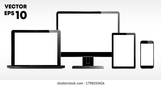 Set of a laptop, computer monitor, or display, tablet, and smartphone. Vector illustration.