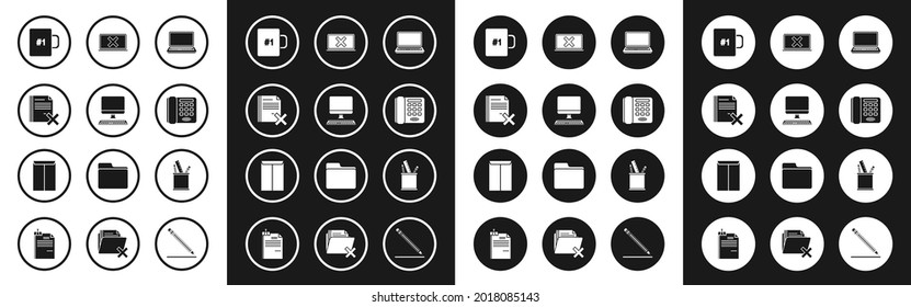 Set Laptop, Computer monitor with keyboard, Delete file document, Coffee cup, Telephone, and cross mark screen, Pencil case stationery and Envelope icon. Vector