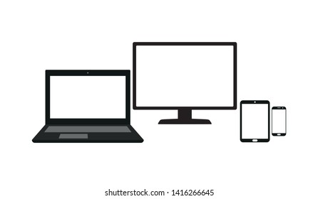 Set of laptop, computer monitor, tablet and mobile phone with blank screen isolated on white background