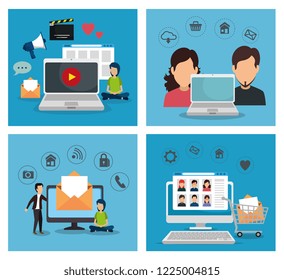 set laptop with computer and tv technology communication