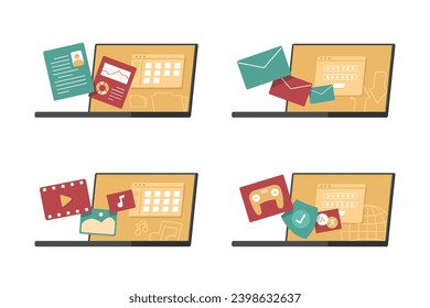 Set of Laptop Computers with Application Symbols for Technology Concept Illustration