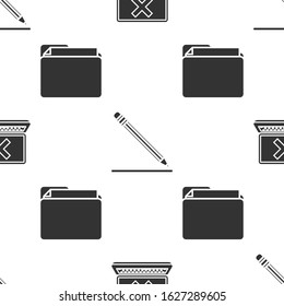 Set Laptop and cross mark on screen, Pencil with eraser and line and Document folder on seamless pattern. Vector