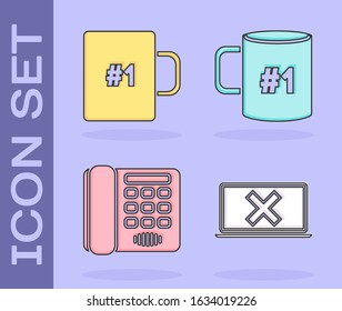 Set Laptop and cross mark on screen, Coffee cup, Telephone and Coffee cup flat icon. Vector