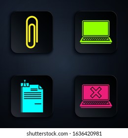 Set Laptop and cross mark on screen, Paper clip, File document and binder clip and Laptop. Black square button. Vector