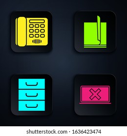 Set Laptop and cross mark on screen, Telephone, Drawer with documents and File document. Black square button. Vector
