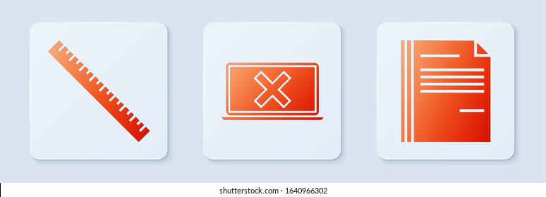 Set Laptop and cross mark on screen, Ruler and File document. White square button. Vector