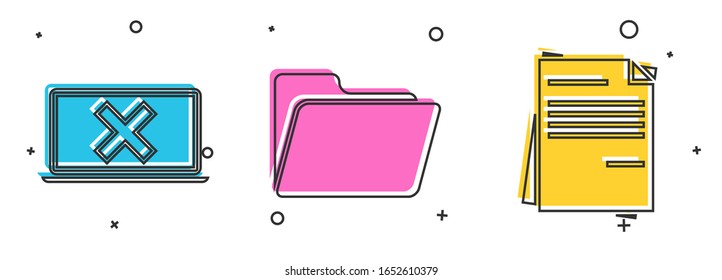 Establecer portátil y marca cruzada en pantalla, carpeta de documento e icono de documento de archivo. Vector