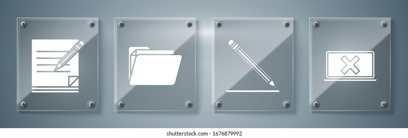 Set Laptop and cross mark on screen, Pencil with eraser and line, Document folder and Blank notebook and pencil with eraser. Square glass panels. Vector
