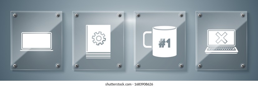 Set Laptop and cross mark on screen, Coffee cup flat, User manual and Laptop. Square glass panels. Vector