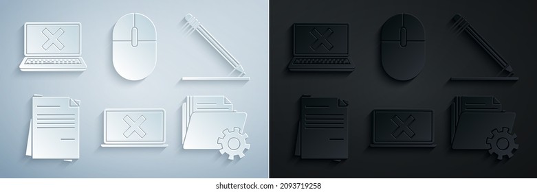 Configurar portátil y marca transversal en pantalla, Lápiz con línea borradora, Archivo documento, Marcas de configuración de carpetas, ratón del equipo e icono. Vector