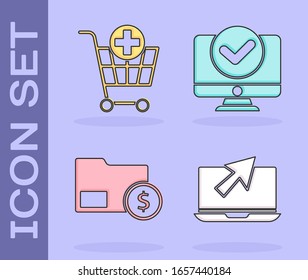 Set Laptop and cursor, Add to Shopping cart, Envelope with coin dollar and Computer monitor icon. Vector