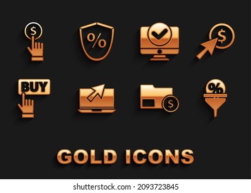 Set Laptop and cursor, Cursor coin, Lead management, Envelope with dollar, Buy button, Computer monitor, Hand holding and Loan percent icon. Vector