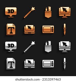 Set Laptop and cursor, Computer monitor, Pipette, Graphic tablet, Text file document, Crossed ruler pencil, Speech bubble with text 3D and Magic wand icon. Vector