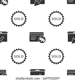 Set Laptop and cursor, Discount card with percent and Sold label on seamless pattern. Vector