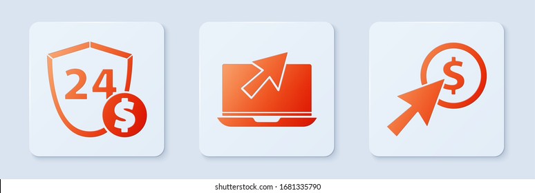 Set Laptop and cursor, Shield with dollar and Cursor and coin. White square button. Vector
