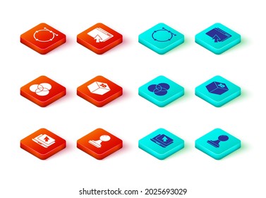 Set Laptop and cursor, Stamp, RGB CMYK color mixing, Isometric cube, Web design development and Circle with Bezier curve icon. Vector