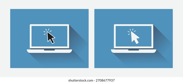 Set of laptop cursor vector icons in protected blue colour background silhouette style. Information cursor symbol on laptop for mobile application. Vector illustration