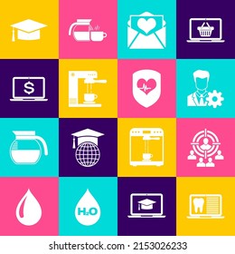 Set Laptop with dental card, Marketing target strategy, Profile settings, Envelope Valentine heart, Coffee machine and cup and dollar icon. Vector