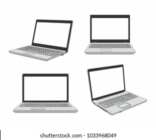 Set Of Laptop In Different Angles. Isolated On White Background