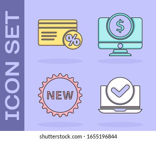 Set Laptop, Discount card with percent, Price tag with New and Computer monitor with dollar icon. Vector
