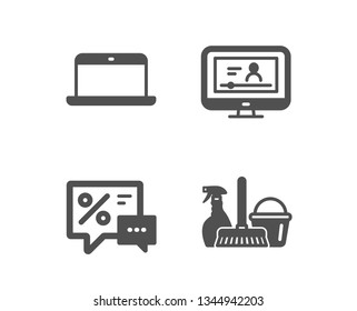 Set of Laptop, Discounts and Online video icons. Household service sign. Mobile computer, Best offer, Video exam. Cleaning equipment.  Classic design laptop icon. Flat design. Vector