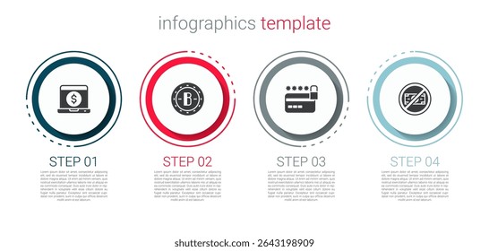 Set Laptop with dollar, Bitcoin, Credit card lock and No money. Business infographic template. Vector