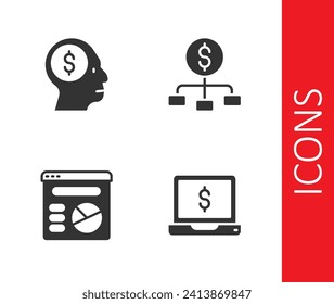 Set Laptop with dollar, Business man planning mind, Pie chart infographic and Hierarchy icon. Vector