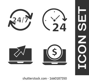 Ajuste portátil con dólar, reloj 24 horas, portátil y cursor e icono Reloj 24 horas. Vector