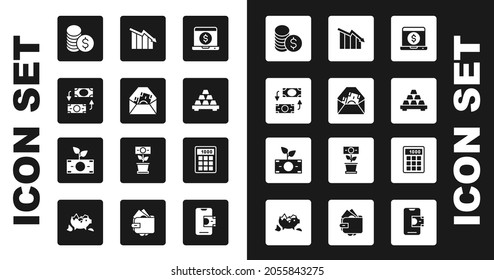 Set Laptop with dollar, Envelope symbol, Money exchange, Coin money, Gold bars, Financial growth decrease, Calculator and plant the pot icon. Vector