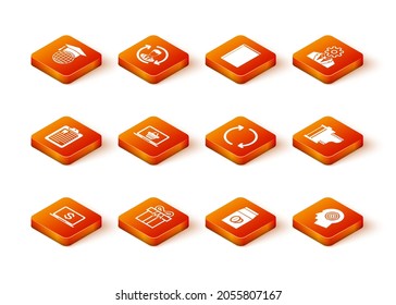 Set Laptop with dollar, Gift box, Clipboard dental card, Shopping basket on laptop, Coffee beans bag and Refresh icon. Vector