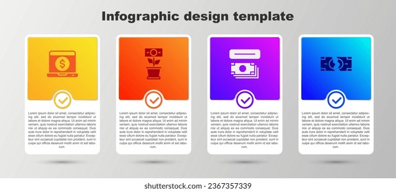 Set Laptop with dollar, Money plant in the pot, ATM and money and Tearing banknote. Business infographic template. Vector