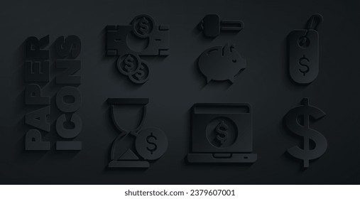 Set Laptop with dollar, Price tag, Hourglass, Dollar symbol, Piggy bank and hammer and Stacks paper money cash icon. Vector