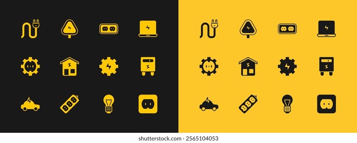 Set Laptop, Electric extension, Gear and lightning, Creative lamp idea, Smart home, Electrical outlet, plug and High voltage icon. Vector