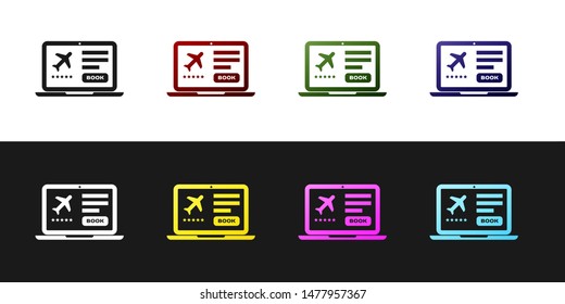 Set Laptop with electronic boarding pass airline ticket icon isolated on black and white background. Passenger plane mobile ticket for web and app.  Vector Illustration