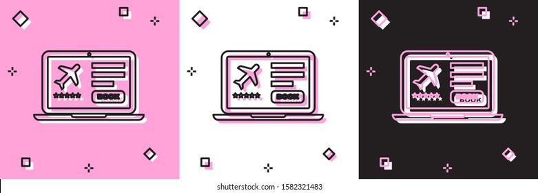 Set Laptop with electronic boarding pass airline ticket icon isolated on pink and white, black background. Passenger plane mobile ticket for web and app.  Vector Illustration