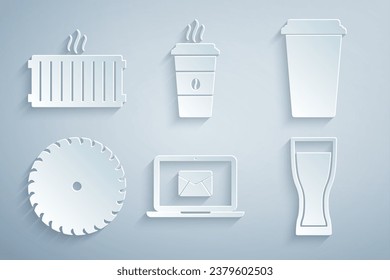 Set Laptop with envelope, Coffee cup, Circular saw blade, Glass beer,  and Heating radiator icon. Vector