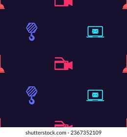 Set Laptop with envelope, Industrial hook, Cinema camera and Rubber plunger on seamless pattern. Vector
