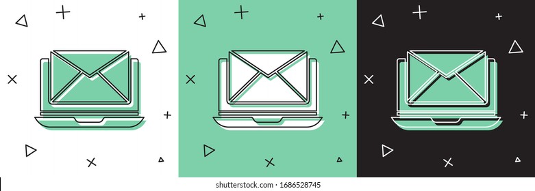 Ajuste el portátil con el sobre y el correo electrónico abierto en el icono de pantalla aislado en fondo blanco y verde y negro. Marketing por correo electrónico, conceptos de publicidad en Internet. Ilustración vectorial