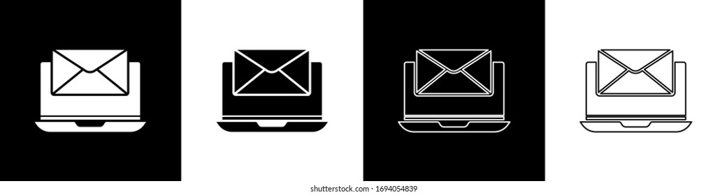 Set Laptop with envelope and open email on screen icon isolated on black and white background. Email marketing, internet advertising concepts.  Vector Illustration