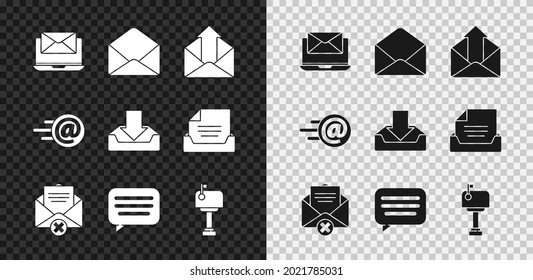 Set Laptop with envelope, Envelope, Outgoing mail, Delete, Speech bubble chat, Mail box, and e-mail and Download inbox icon. Vector