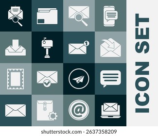 Set Laptop with envelope, Speech bubble chat, Envelope, magnifying glass, Mail box, Download inbox,  and  icon. Vector