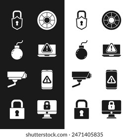 Establecer portátil con signo de exclamación, bomba lista para explotar, bloqueo, caja fuerte, cámara de seguridad, móvil, monitor de la computadora e icono. Vector