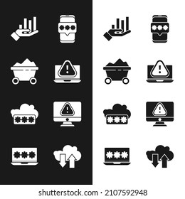 Set Laptop with exclamation mark, Coal mine trolley, Pie chart infographic, Mobile and password, Password protection, Monitor, Cloud download upload and  icon. Vector