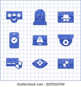 Set Laptop with exclamation mark, Eye scan, Shield brick wall, Security camera, Credit card shield, Smartphone, Browser incognito window and Password protection icon. Vector