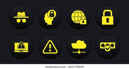 Set Laptop with exclamation mark, Lock, Exclamation in triangle, Network cloud connection, Global lockdown, Human head, Password protection and Incognito mode icon. Vector