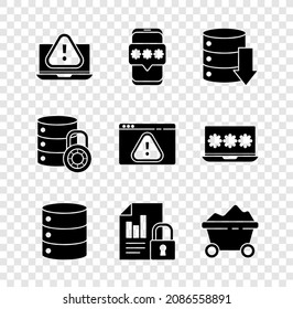 Set Laptop with exclamation mark, Mobile and password, Server, Data, Web Hosting, Document lock, Coal mine trolley, security and Browser icon. Vector