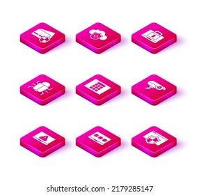 Set Laptop with exclamation mark, password, System bug, Password protection, Browser shield, Security camera, and lock and Cloud icon. Vector