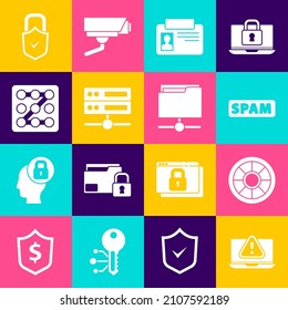 Set Laptop with exclamation mark, Safe, Spam, Identification badge, Server, Data, Web Hosting, Graphic password protection, Lock and check and FTP folder icon. Vector